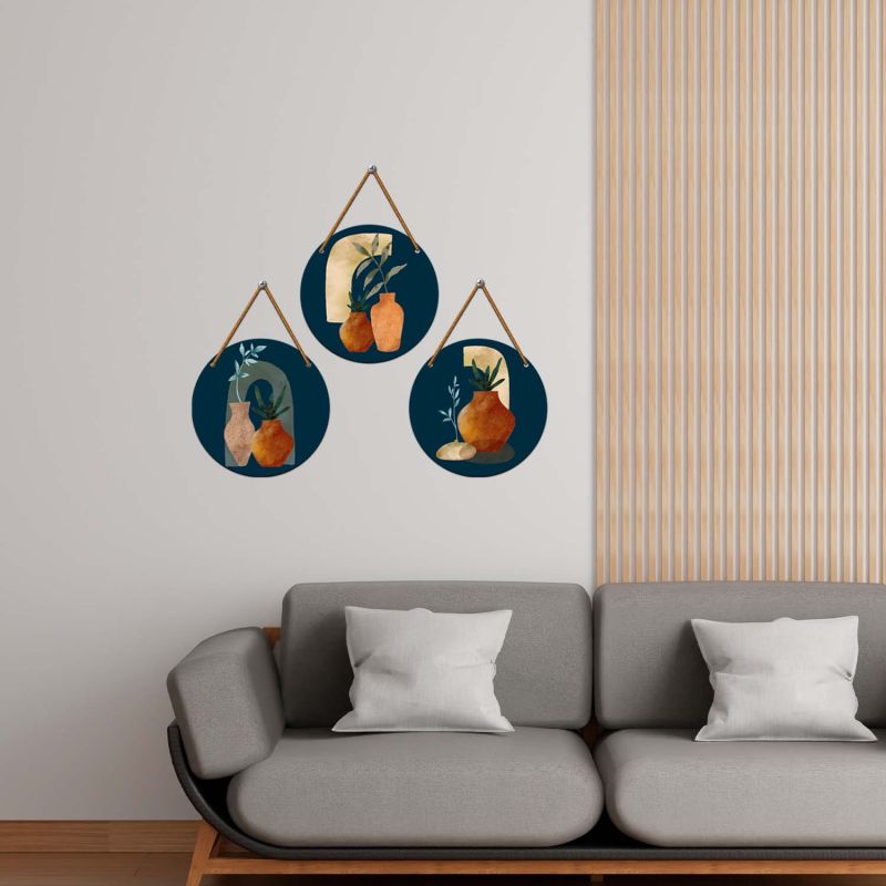 3-Piece Boho Round Wall Hanging Art Set Modern Abstract Circle Wooden